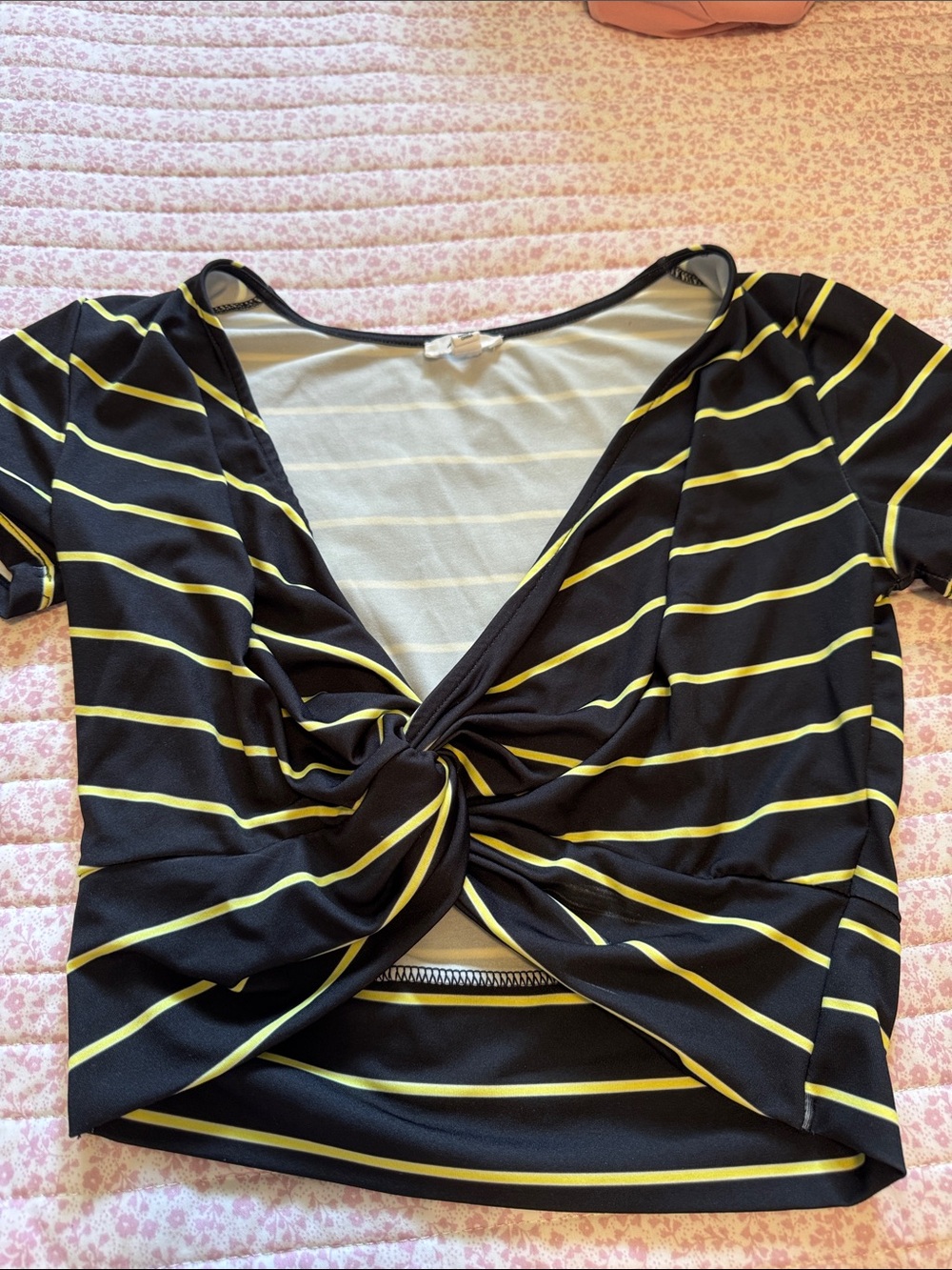 Ardene Black & Yellow Striped Twist-Front Crop Top